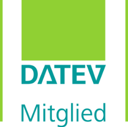 DATEV-Mitgliedslogo mit grünem Balken und türkisem Schriftzug.